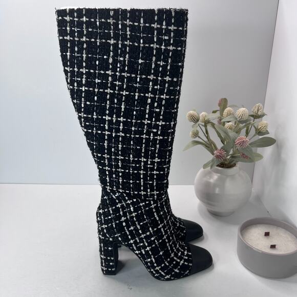 Steve Madden Ally Tweed Knee High Block Heel Boots Black/White Women 6.5M NWOB - Picture 2 of 9
